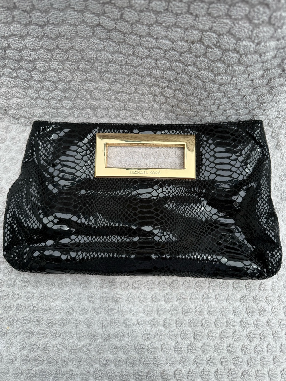 Michael Kors Black Patent Snake-Embossed Clutch with Gold Handle Accent - Picture 3 of 3